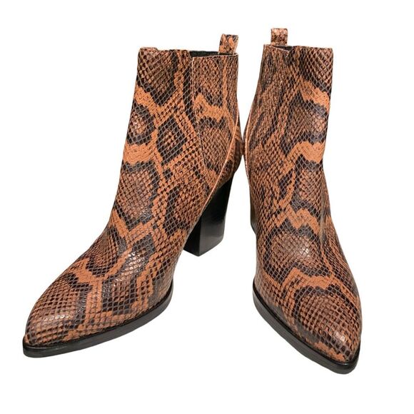 Marc Fisher Shoes - Marc Fisher Snakeskin Print Ankle‎ Boot Alva 2 Leather Block Heel Brown/Blk 8M